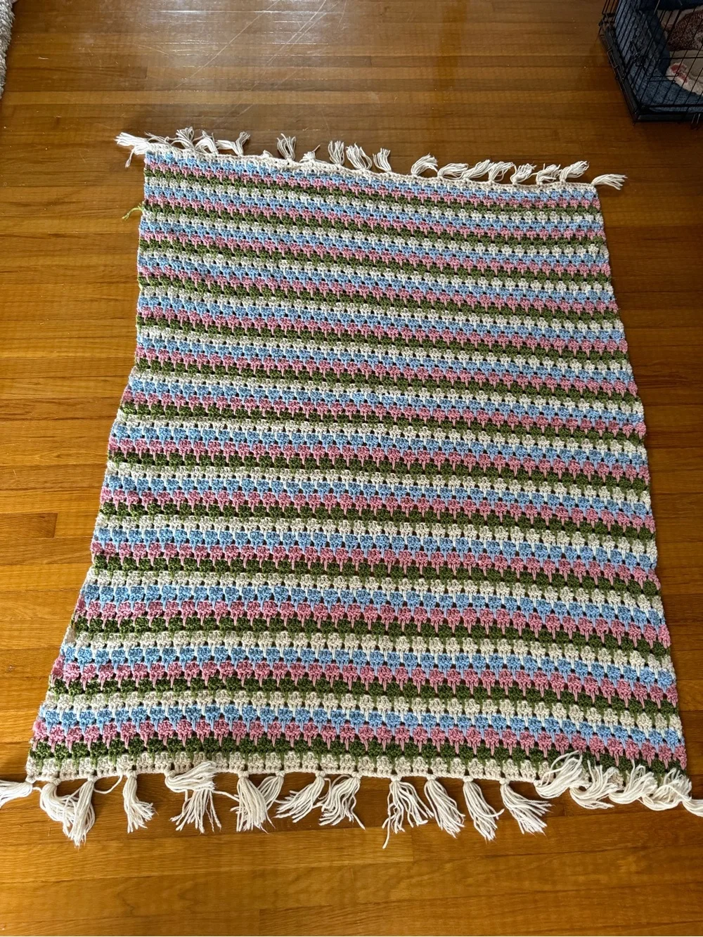 Vintage Handmade Crochet Throw Blanket in Pink, Blue, Green & Cream